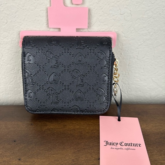 Juicy Couture Deboss Liquorice Black Zip Around Bifold Wallet w Heart Rhinestone - Picture 5 of 5